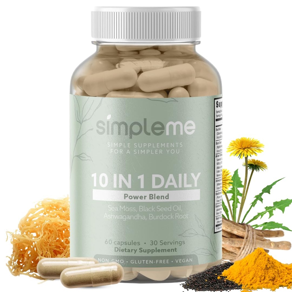 Burdock Root Organic und Bladderwrack 10 in 1 Immunität Booster Power Blend mit Irish Sea Moss, Ashwagandha und Black Seed Supplement für Männer und Frauen, Seamoss Pills Herbal, Vegan - 60 Kapseln