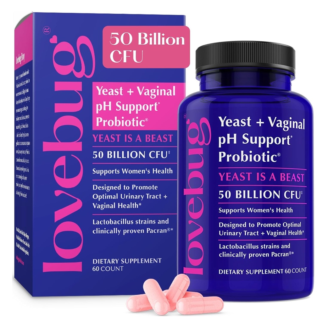 Lovebug Yeast and Vaginal Probiotics for Women pH Balance & Urinary Tract, 50 miliardi di CFU, UTI, BV, Odor Support with Lactobacillus, Bifidobacterium, Digestive & Vaginal Health Supplement 60 capsule
