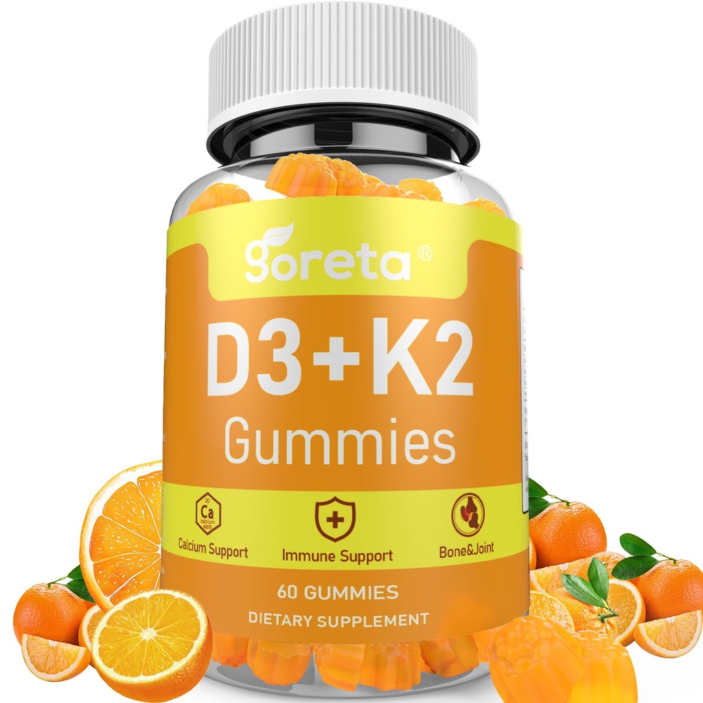 Vitamin D3 K2 Gummies for Adults with Calcium and Magnesium, 10000 IU Vitamin D3, MK-7, Orange Flavor, Pectin Based, 60 Gummies, 30 Servings