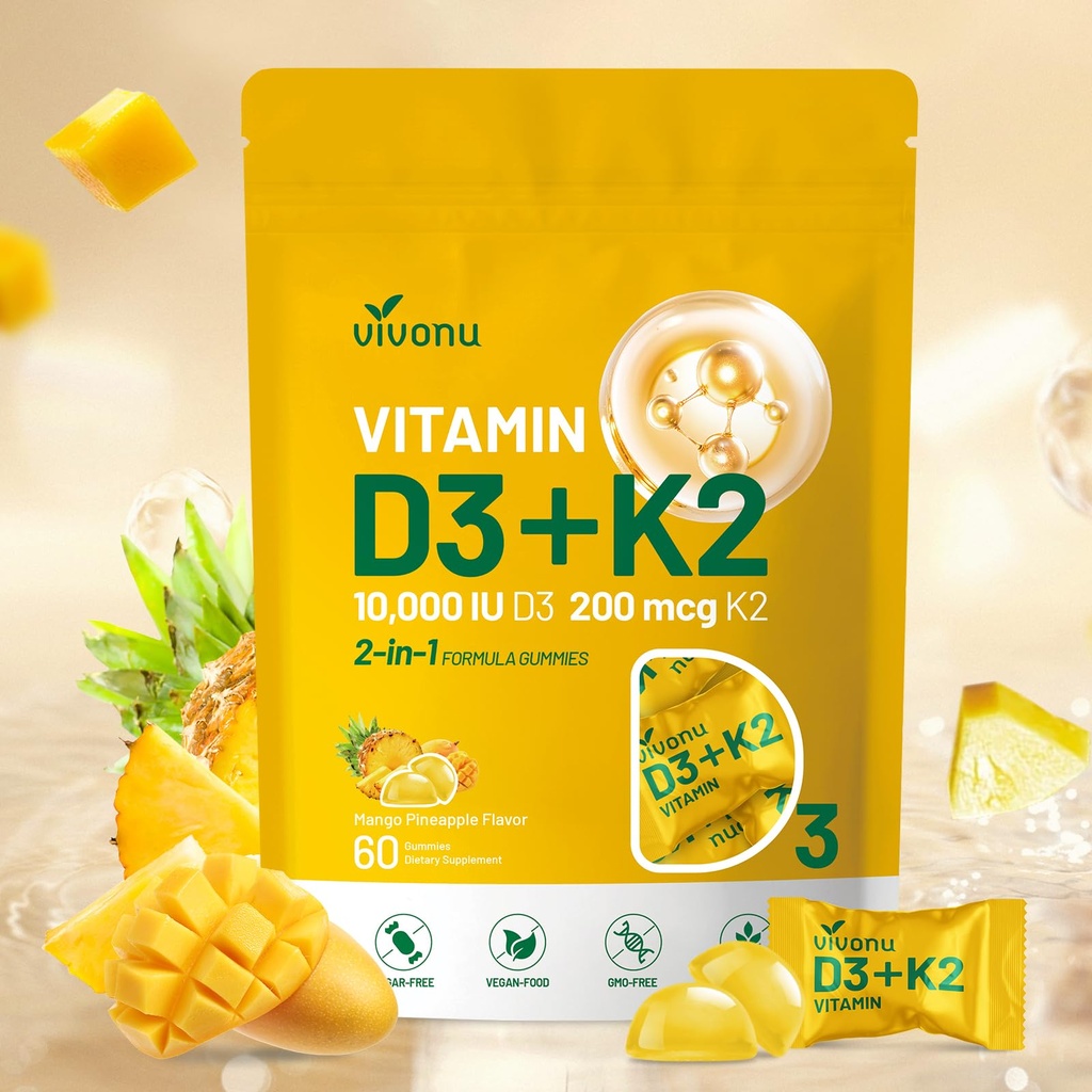 Vitamin D3 K2 Gummies, D3 10000 IU & MK7-200 mcg, 2 in 1 Vitamins D & K Complex | Vitamina D3 con K2 | Supports Calcium Absorption, Bone, Immune, & Heart Health, Easy to Carry and use (60 Gummies)