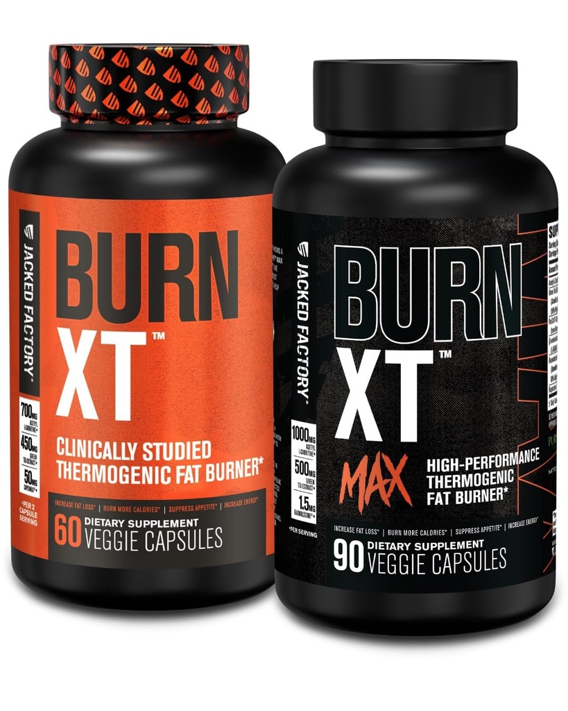 Jacked Factory Burn-XT Clinically Studied Fat Burner & Weight Loss Supplement (60 Capsules) & Burn XT Max High Performance Fat Burner (90 Capsules)