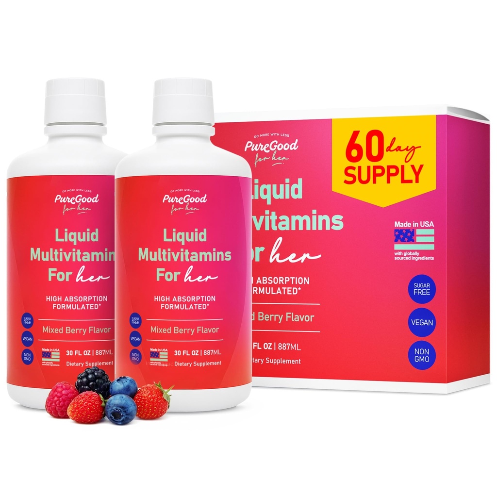 PureGood Liquid Multivitamin for Women | 70+ Nutrients, High Absorption | B12, Folate, Biotin, Omega 3 6 7 9 | Energy, Mood and Immune Support | Vegan, Non-GMO, Sugar Free | Mixed Berry | 60 Fl Oz