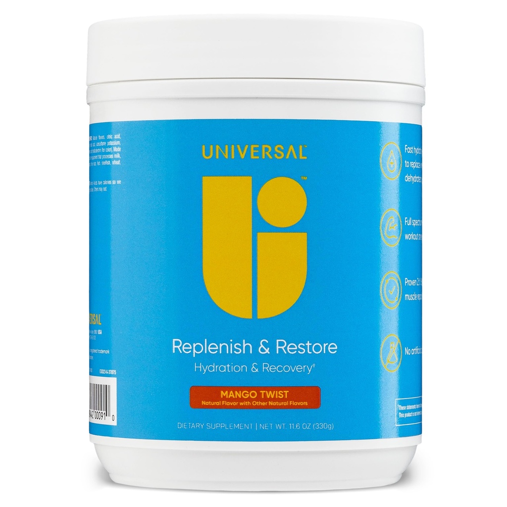 Universal U Réapprovisionne et restaure la poudre, l'hydratation et la récupération, favorise la réparation et la croissance musculaires, dosage personnalisé, L-Lysine, L-Glutamine, L-Tryptophane, Pas d'arôme artificiel, 30 portions (Mango Twist)