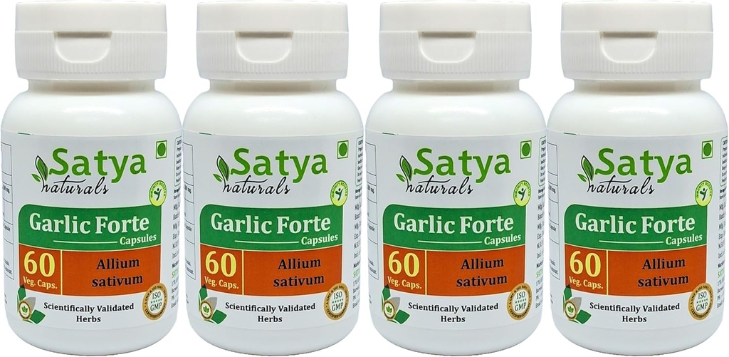 Aglio Forte capsule 500 mg. 60 Veg. Capsule | Lahsan (Allium Sativum) Estratto di capsule per gli uomini e le donne | Ayurvedic Herbal Supplement/Rimedies | 10:1 Forte (4 Bottiglie di 60 capsule)