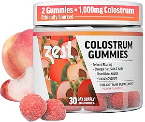 Zest Colostrum Supplement Gummy Chews für Erwachsene - Ethisch Sourced High IgG for Hair Health, Gut, Immunität, Bloating, Skin & Nails - Keto & Gluten Free - Peach Flavor (60 Gummies, 1.000mg Colostrum)