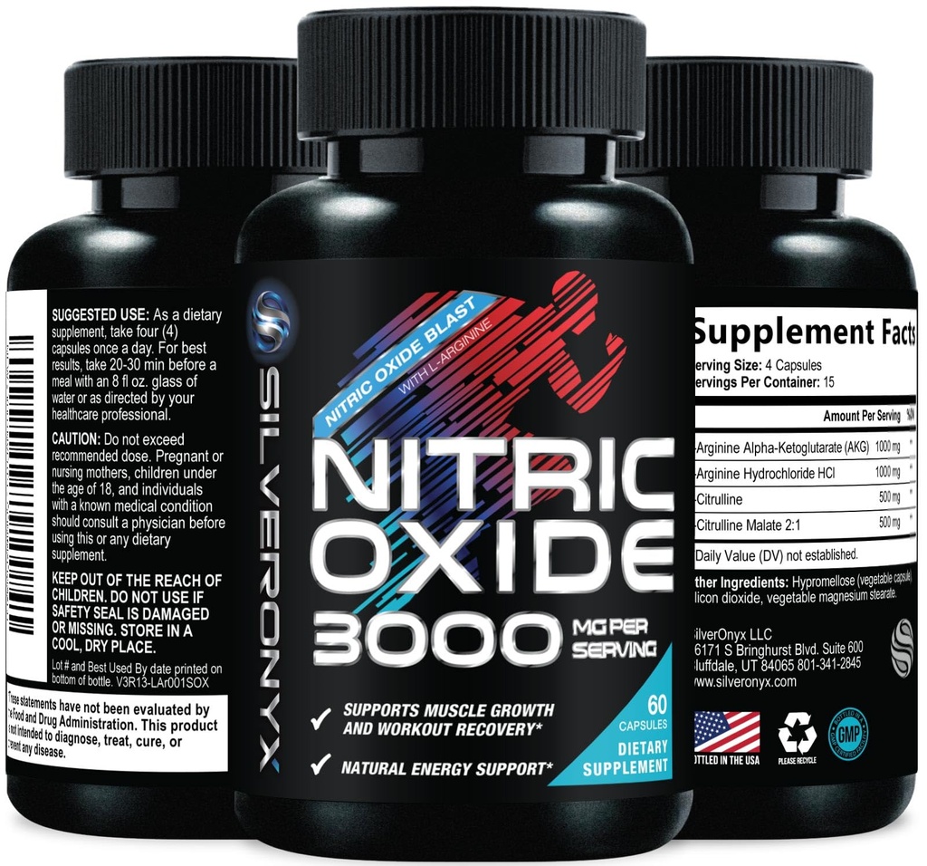 Extra Strength Nitric Oxid Supplement 3X Strength L Arginin, Citrulline Malate, AAKG, Beta Alanine - Premium Muskeln unterstützen Nitric Booster - Natural Energy & Heart Health Support - 60 Kapseln