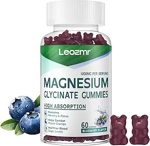 Glycinat de magnésium Gommies 1000mg - Supplément de potassium de magnésium sans sucre avec vitamine D, B6, CoQ10 pour l'humeur calme et le soutien du sommeil - 60 Gommies de bleuets