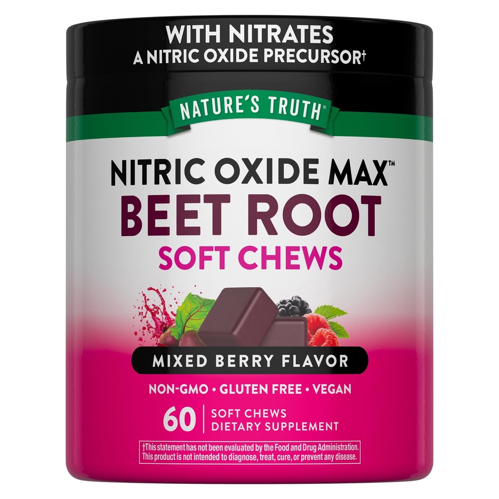 Nature's Truth Beet Root Chews | 60 Count | Nitric Oxide for Men and Women | Mixed Berry Flavor | Vegan, Non-GMO & Gluten Free Supplement