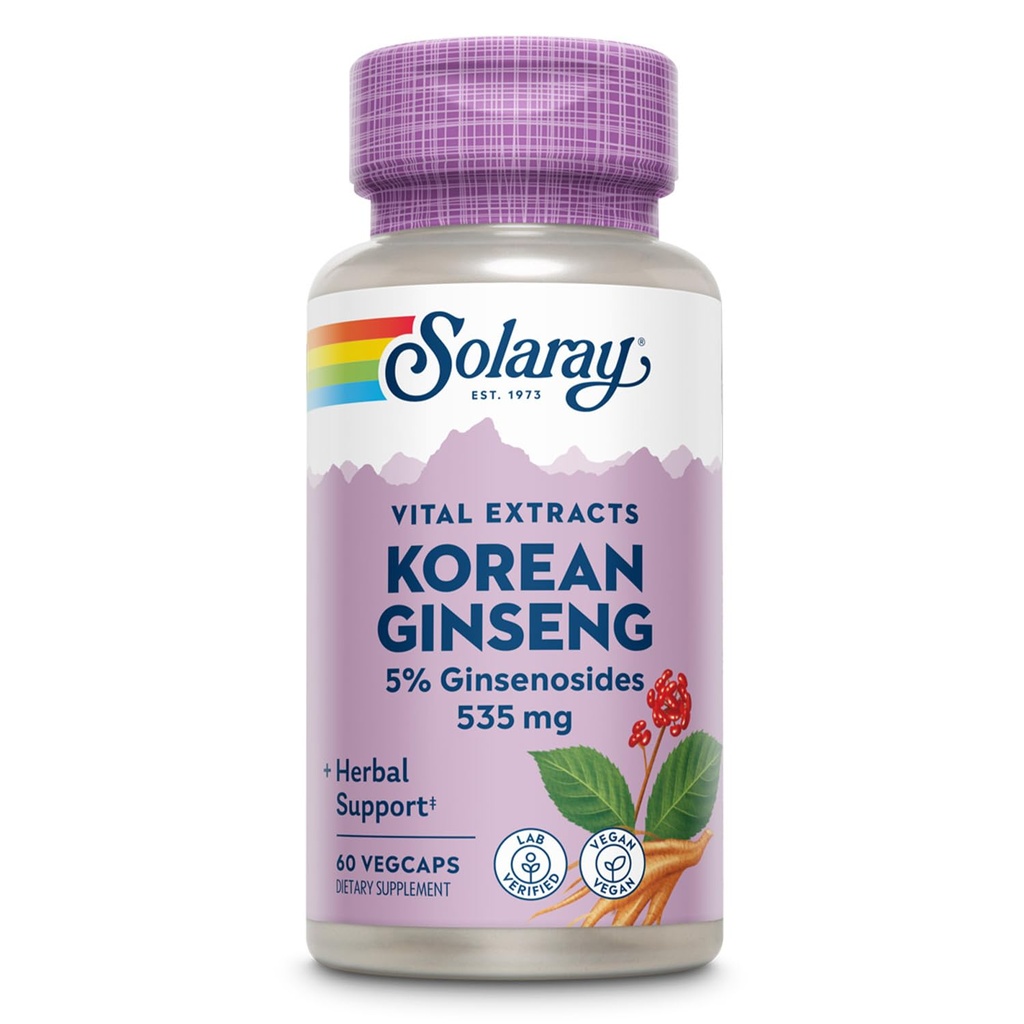 Solaray Extrait coréen de racine de ginseng - support à base de plantes pour le stress occasionnel, l'énergie et l'endurance physique - 5 % de ginsénosides - végétalien, laboratoire vérifié - 60 portions, 60 VegCaps