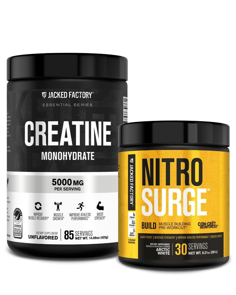 Jacked Factory Nitrosurge Build Pre Workout with Creatine for Muscle Building (30 Servings, Arctic White) & Creatine Monohydrate Powder for Muscle Growth & Increased Strength (85 Servings, Unflavored)
