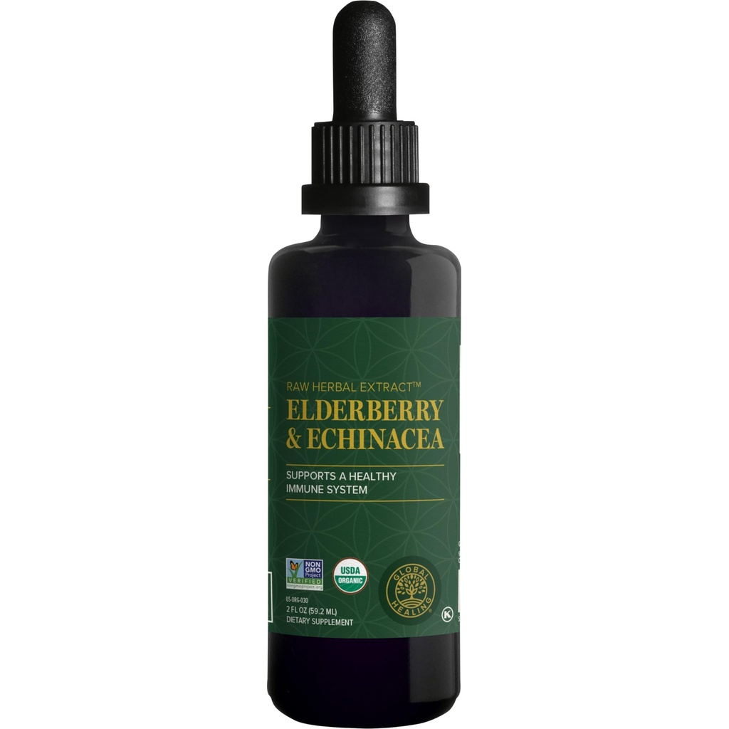 Global Healing USDA Organic Elderberry & Echinacea Liquid Supplement Tincture | Antioxidant Immununterstützung gegen schädliche Organismen für Erwachsene und Kinder, Vegan, Non-GMO, 1-Monats-Versorgung (2 Oz)