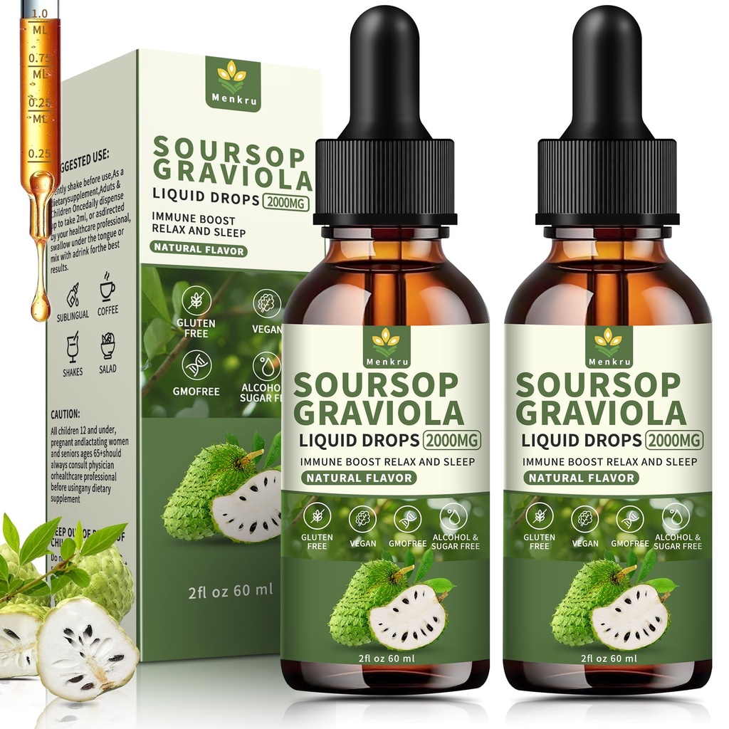 (2 Pack) Soursop Graviola Liquid Drops 2000mg，Immune Boost，Cell Support & Regeneration，Natural Antioxidant，Soursop Bitters Liquid，Soursop Extract - 98%, Sugar/Gluten Free, Natural Flavor, 4 Fl Oz