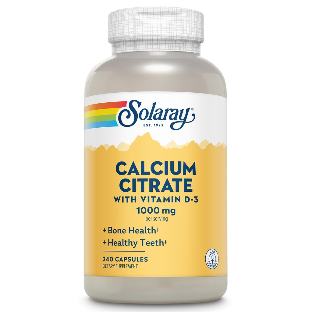 Solaray Calcium Citrat mit Vitamin D3 1000mg - Knochenstärke und gesunde Zahnunterstützung - Sanfte Verdauung Formel - Labor verifiziert, 60-Tage-Garantie - 60 Portionen, 240 Kapseln