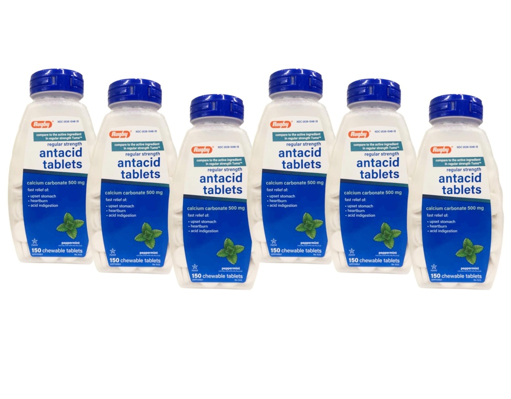 Rugby Calcium Carbonate 500mg Antacid Tablets Peppermint, Regular Strengh, 150 Chewable Tablets - 6 Pack