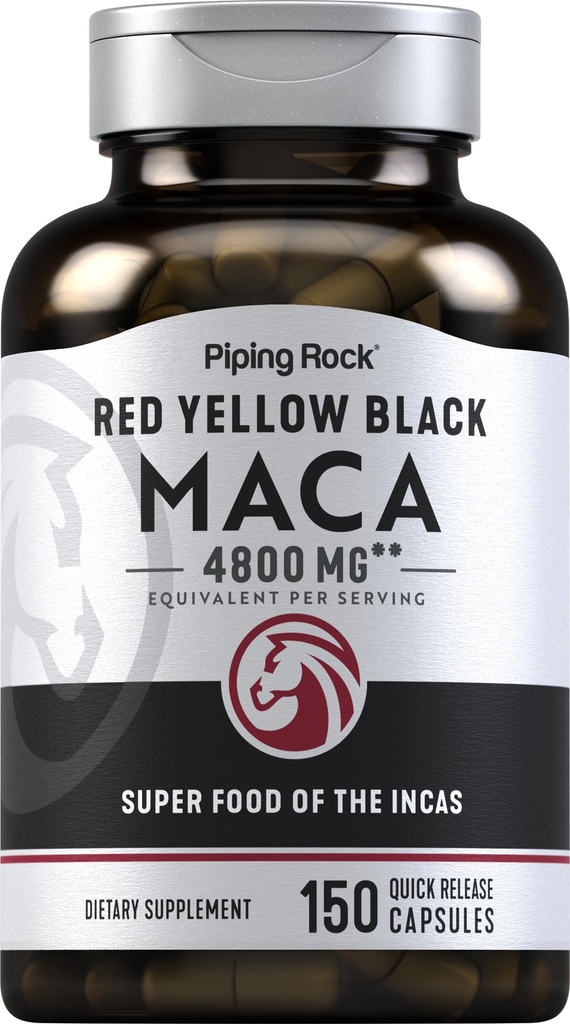 Piping Rock Maca Root Capsule | 4800mg | 150 pillole di polvere | per le donne e gli uomini | Rosso, Giallo e Nero | Non OGM, Gluten Free Supplement