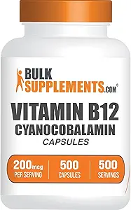 BulkSupplements.com Vitamin B12 Kapseln - wie Cyanocobalamin, Vitamin B Supplement, Vitamin B12 200 mcg - Energie Vitamine, Glutenfrei, 1 Kapsel pro Servierung, 500 Kapseln (Pack von 1)