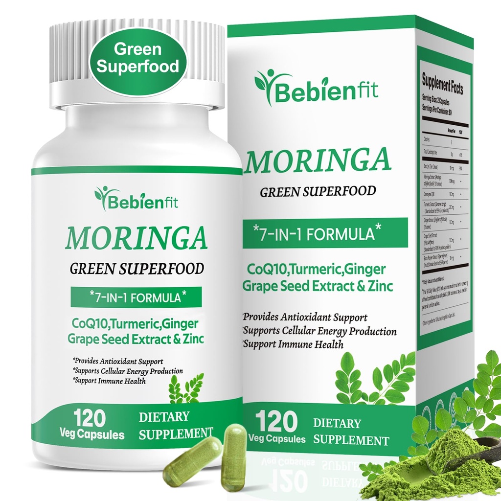 Moringa Capsules, Natural Antioxidant Supplement for Gut Health/Energy/Skin/Immune Health,Green Superfood, 7-in-1 with CoQ10 /Turmeric/Grape Seed Extract/Zinc/Pure Moringa Extract,Vegan,120 Vegan Caps
