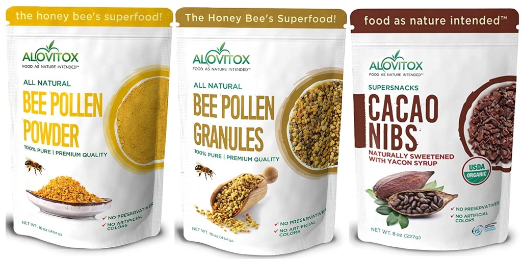 Alovitox Bee Pollen Powder, Bee Pollen Granules & Cacao Nibs Bunde | Gluten-Free, Vegan, Non-GMO SuperFood with Vitamins B6, B12,C A, Gl