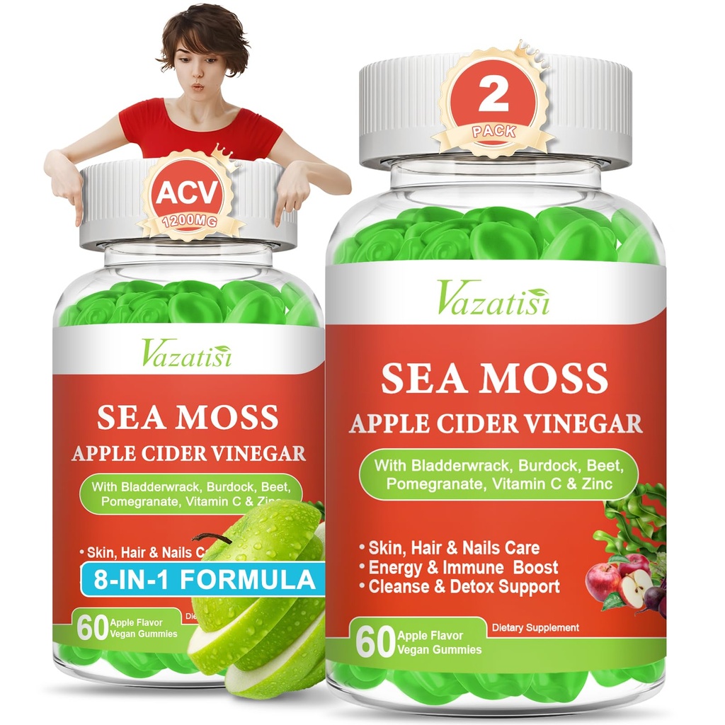 2 Pack Apple Cider Essiggummis, ACV mit Sea Moss Gummis für Stoffwechsel, Verdauung, Detox, Gut & Immune Health, Apple Flavored -120 Count