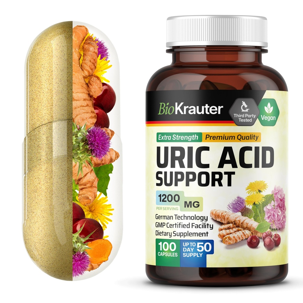 BIO KRAUTER Uric Acid Support Capsules 1200 mg Blend - 100 Count - Kidney Supplement w/Tart Cherry 10:1 Extrakt - Milchdistel und Kurkumaextrakt - Vegan