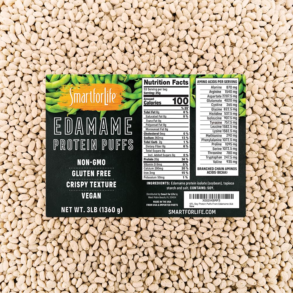 Smart for Life Soy Protein Puffs di Edamame - Alta Proteine Zero Zucchero Soy Protein Isolate Puffs - 20 Grams Protein Snacks - Non OGM, Gluten-Free - 3 Pound Box - 53 Servings - Soy Puffs...