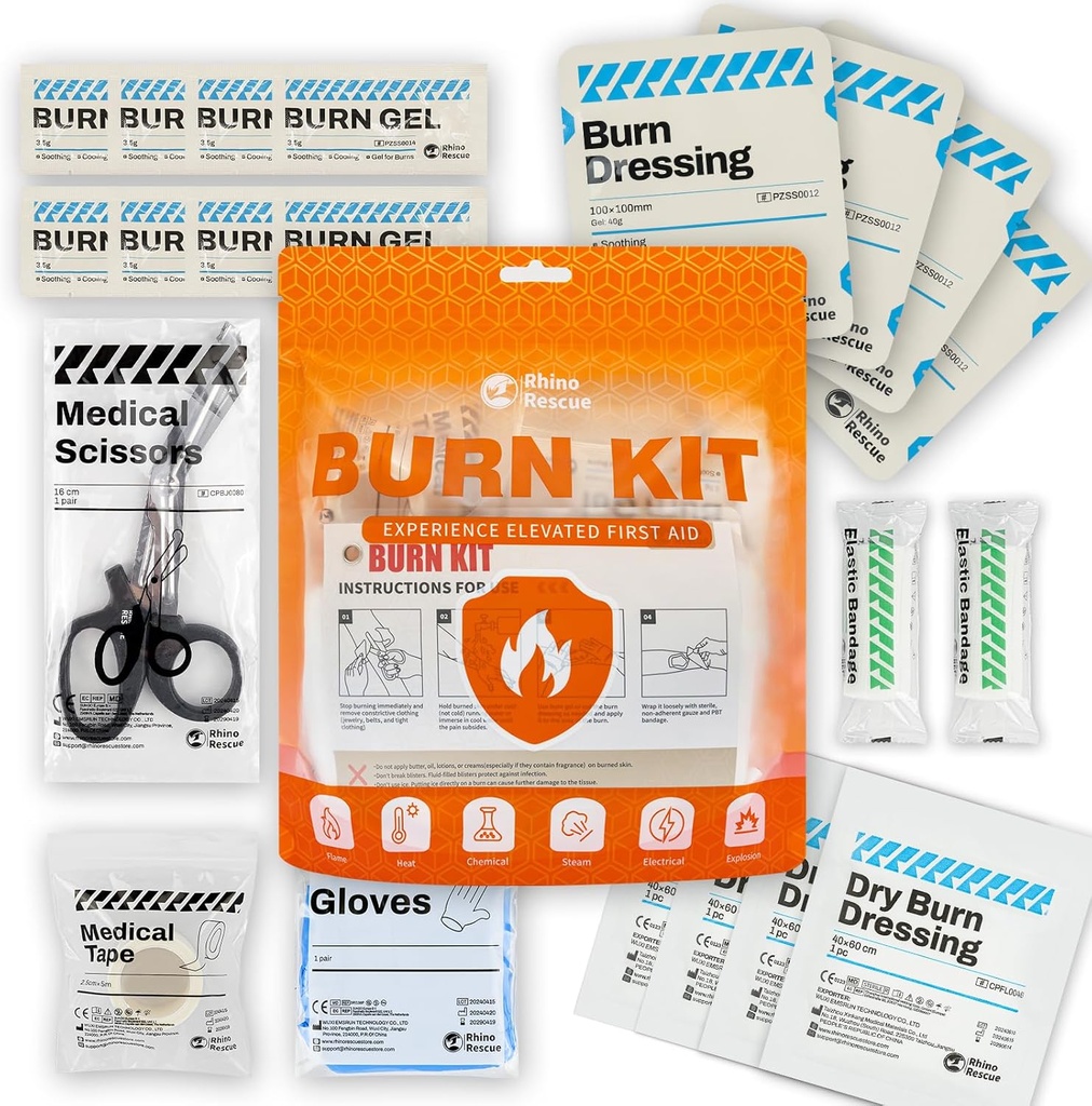 RHINO RESCUE Burn Kit, 4pcs Burn Dressing 4x4”, 8pcs Burn Gel Packets 3.5g, 4pcs Burn Pads, First Aid Kit Cooling Soothing Cream Relief with Bandage, Nitrile Gloves, Forbici, Tape, HSA/FSA Eligible