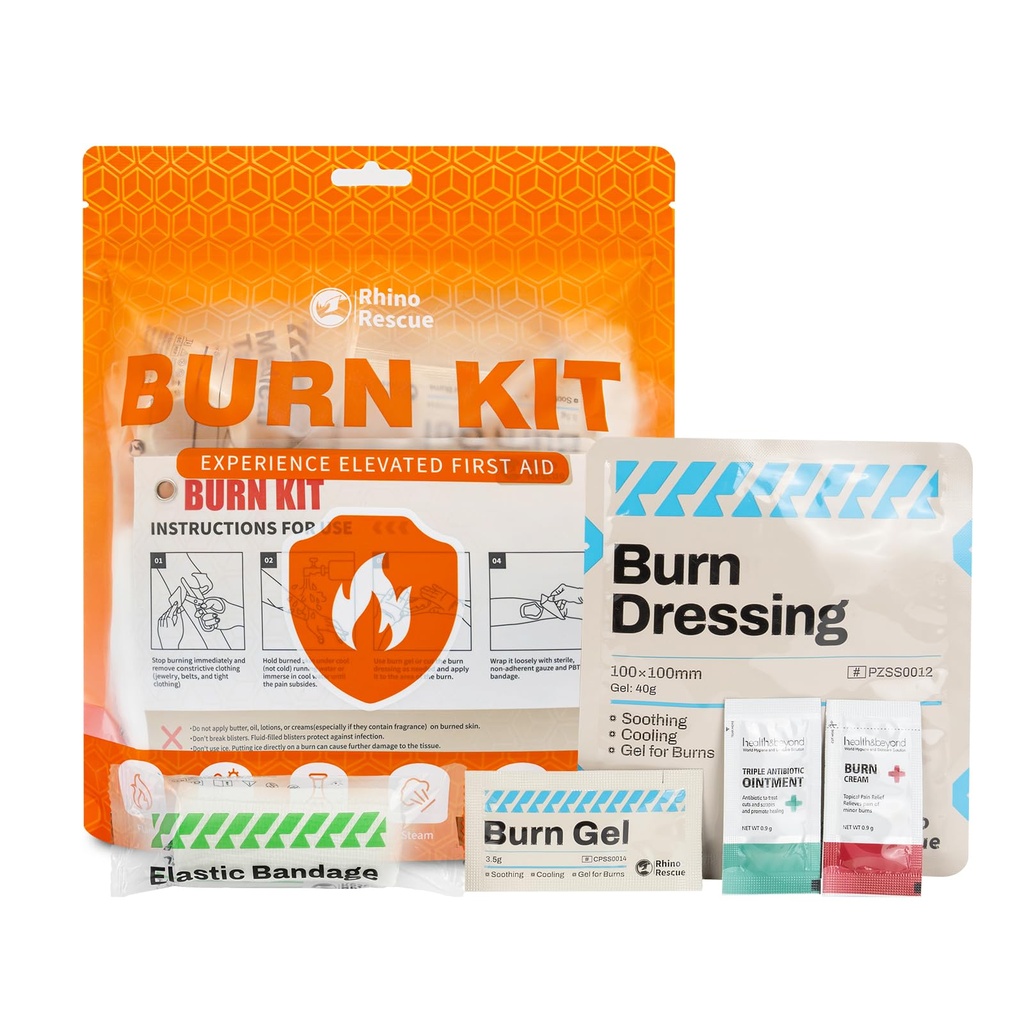 RHINO RESCUE Burn Kit, 4pcs Burn Dressings 4x4”, 8pcs Burn Gel Packets 3.5g, 4pcs Burn Pads, First Aid Kit Kühlen beruhigende Creme Relief mit Bandage, Nitrile Handschuhe, Scheren, Tape, HSA/FSA Eligible