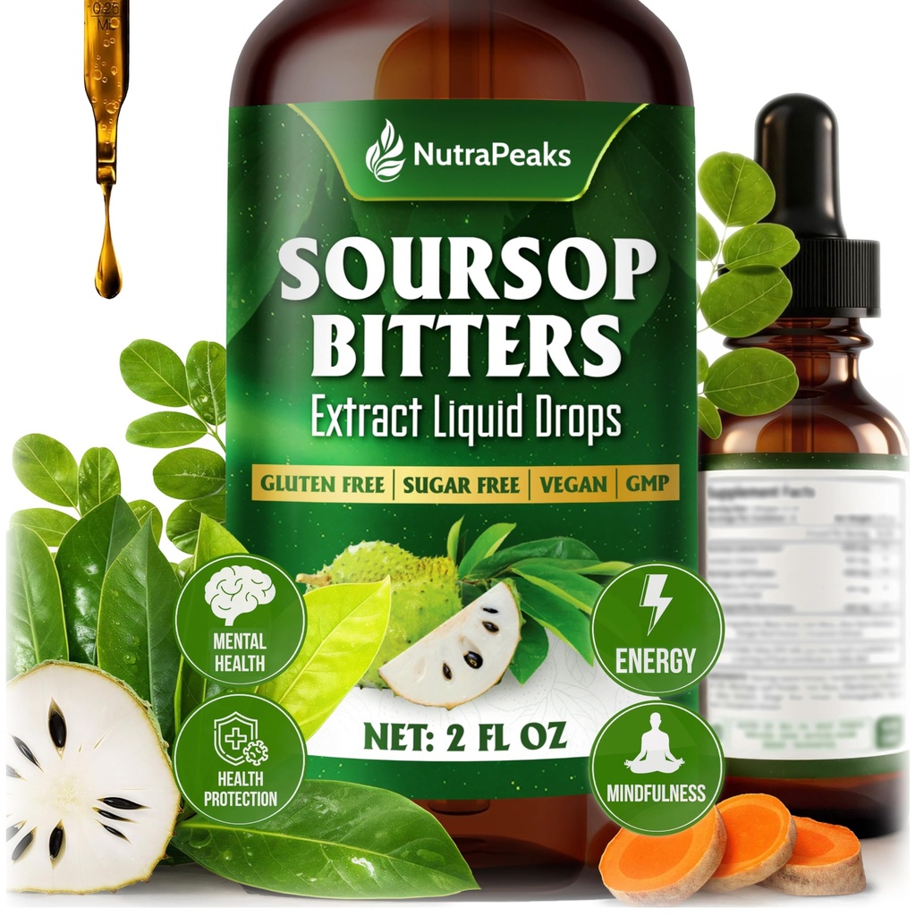 Soursop Bitters Liquid Drops – Premium Herbal Blend with Soursop Leaves, Black Seed, Moringa, Ashwagandha, Senna, Goat Weed & Ginger, 2 fl oz | Natural Botanical Blend