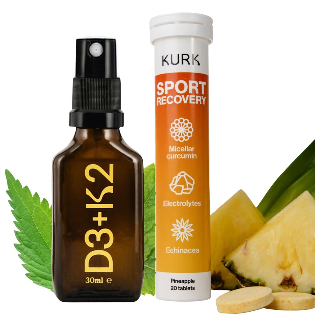 Kurk Vitamin D3 K2 Oral Spray (Peppermint 1 Fl Oz) Sport Electrolyte Tablets (Pineapple 20 Effervescent Tabs) Bundle