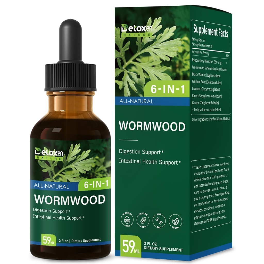 Wormwood Extract Drops for Digestion Support, Intestinal Health Support with Black Walnut Ginger. 6-in-1 Natural Herbal Extract Supplements w/Clove Gentian Root. 2oz