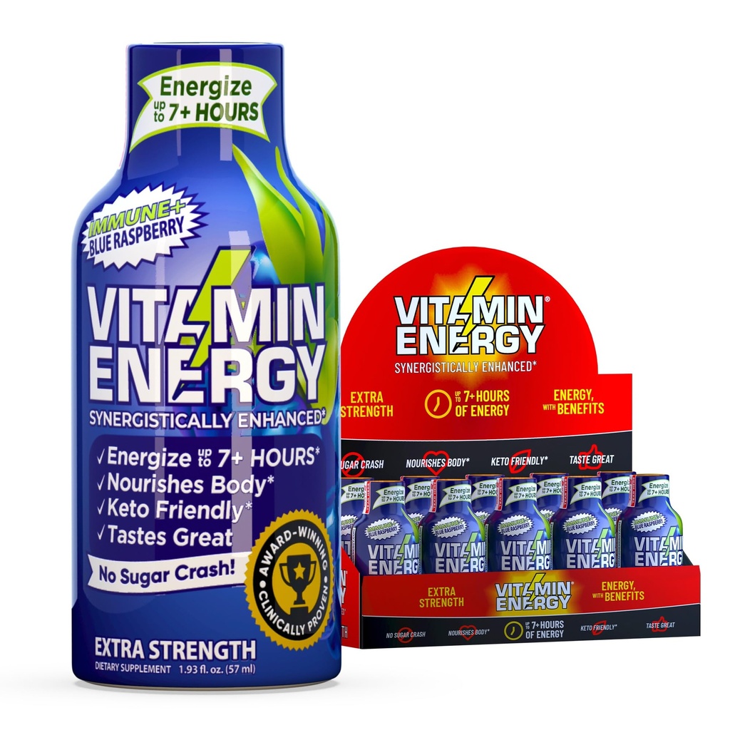 Vitamin Energy Immune+ Extra Strength Energy Shot Blue Raspberry 10 Pack, 260mg Natural Caffeine, B-Vitamins, Citicoline, Green Tea, Immunity & Focus Support, Zero Sugar, Gluten-Free 1.93 fl oz
