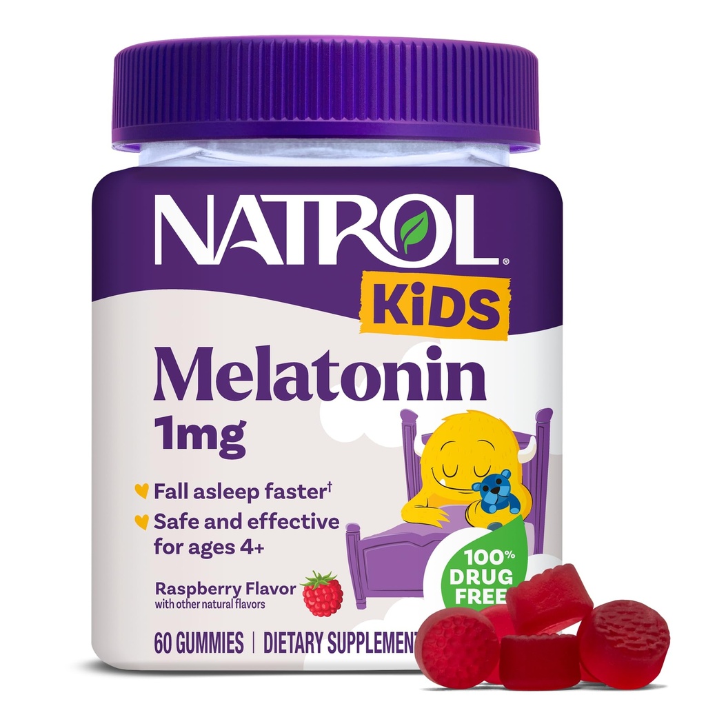 Natrol Kids Melatonin Gummies 1mg, Melatonina per il sonno riposante, 60 Gummie per il sonno aromatizzate al lampone, alimentazione di 60 giorni