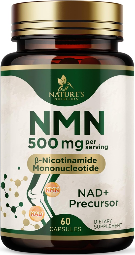 NMN Supplement - β-Nicotinamide Mononucleotide (NMN) 500 mg Per Serving - Pure NMN Formula - NAD+ Precursor Supplement - Cellular Energy & NAD Support - Vegan Capsules - Bottled in USA - 60 Capsules