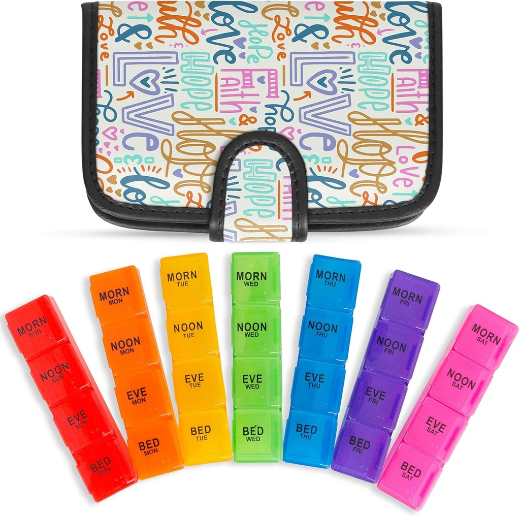 Vive Weekly Pill Organizer 4 fois par jour - 7 jours Boîtes à pilules pour le matin, le midi, le soir, la nuit - Extra grand médicament, distributeur de vitamines et de suppléments avec étui en cuir premium