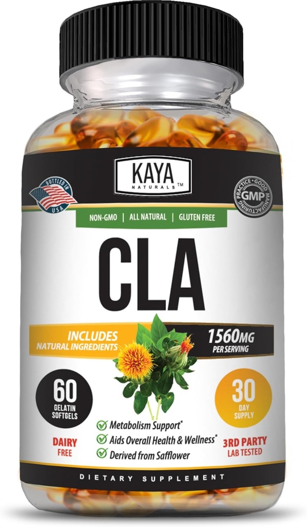 Kaya Naturals Capsules CLA – Acides linoléiques conjugués – Sans OGM et sans gluten (compte 60 (paquet de 1))