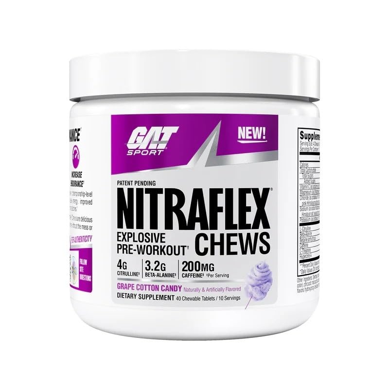 GAT SPORT Nitraflex Performance Pre-Workout Chews - Grape Cotton Candy, 10 Servings
