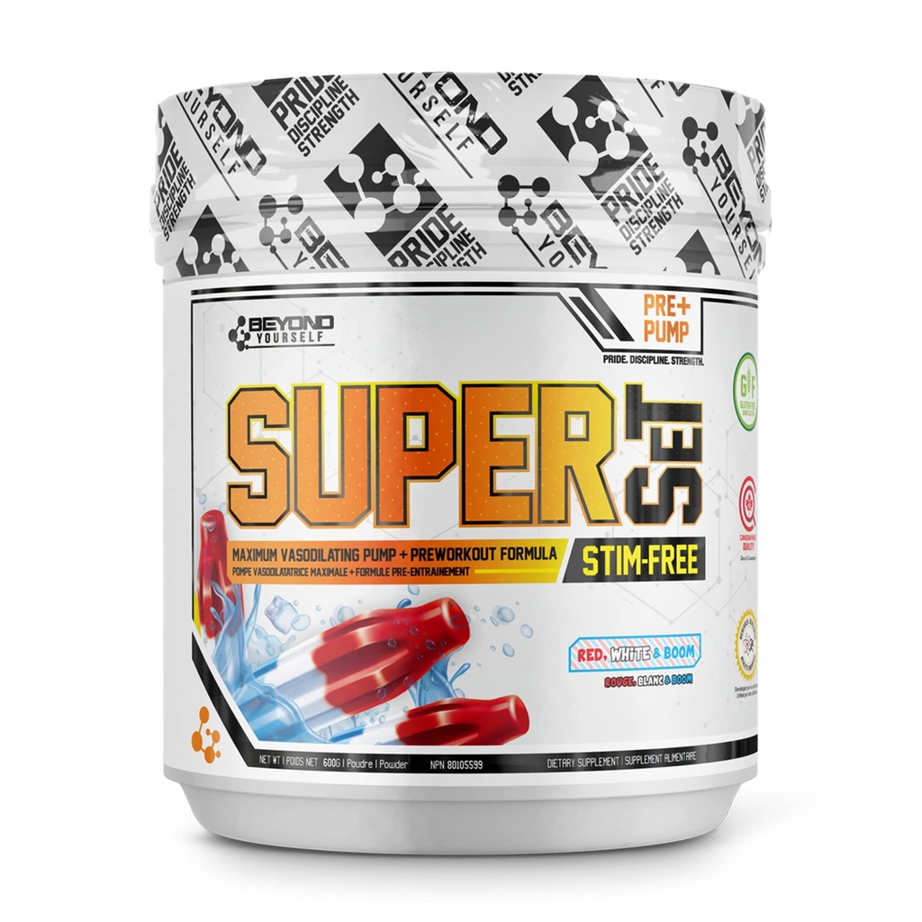 SuperSET Stim-Free | Insane Caffeine Stimulant Free Pre-Workout Formula | 9g L-Citrulline, 750mg HICA, 4g of beta-Alanine (Red White & Boom)