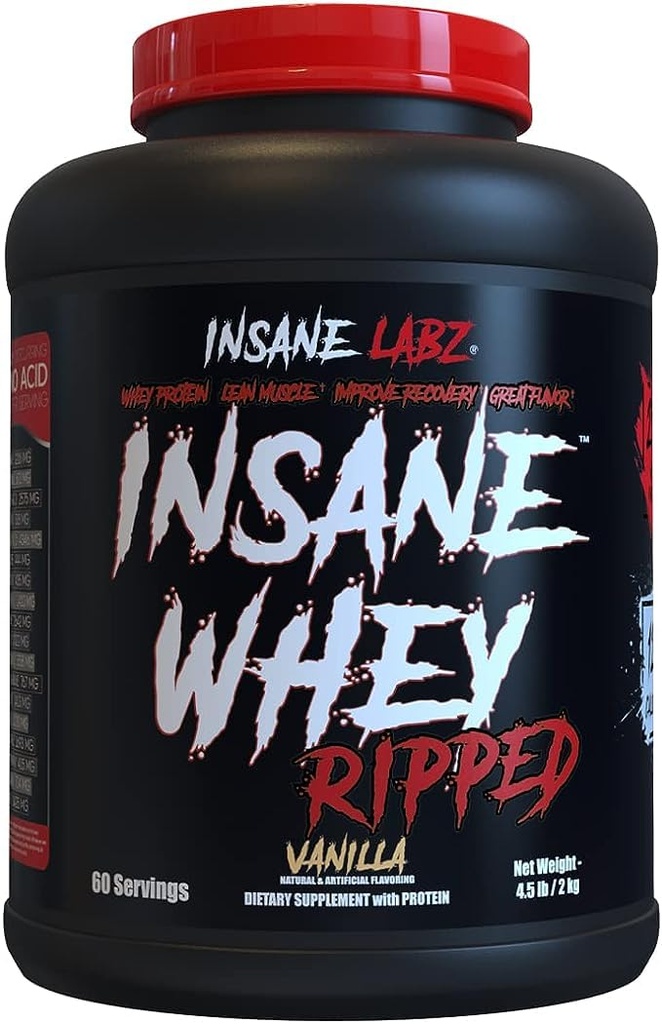 Insane Labz Insane Whey Ripped, Lean Muscle Building Protein mit L-Carnitin und CLA Ölpulver, 5lbs 60 Servierungen, Vanille
