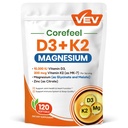 VEV Corefeel Vitamin D3 K2 Magnesium Supplement, 10,000 IU Vitamin D3, 200 mcg MK-7, Magnesium Glycinate & Malate with Zinc Citrate, 120 Coconut Oil Softgels