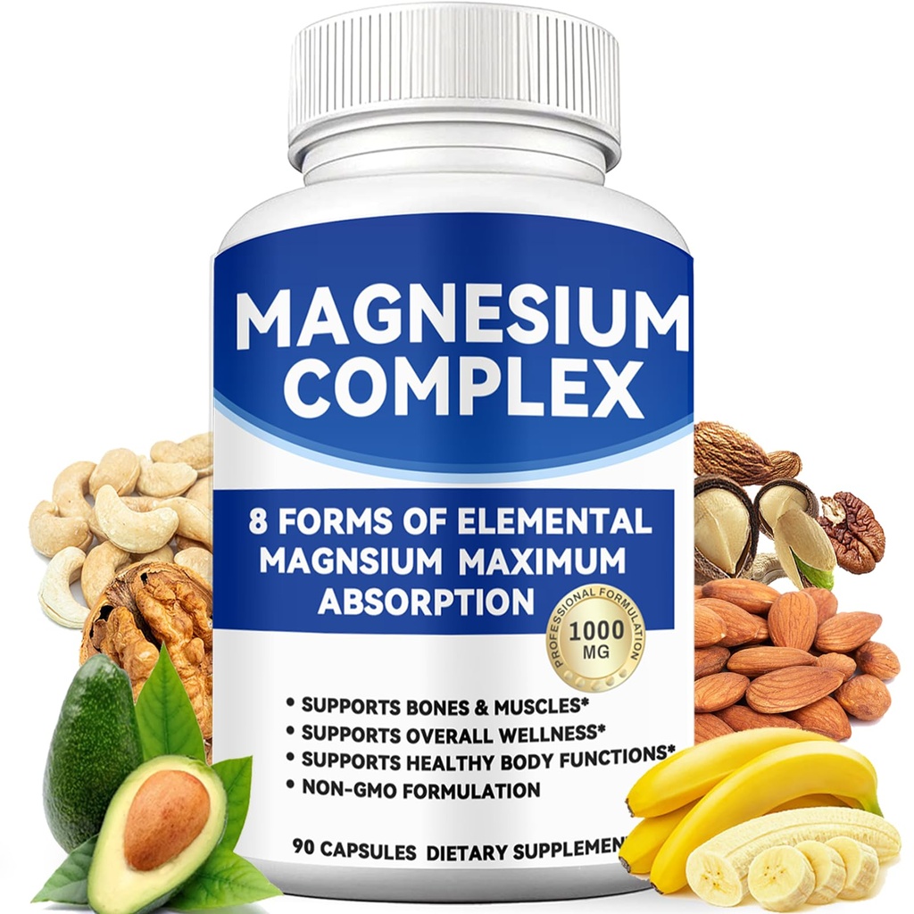 Magnesium Complex 1000mg with 8 Forms – Glycinate, Citrate, Malate, Taurate for Absorption – Supports Bone, Muscle, Energy & Recovery – Vegan, Non-GMO, 90 Capsules (1)