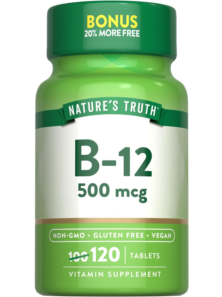 Nature's Truth B12 Vitamine (500 mcg) 120 Comprimés Vegan, Supplément sans OGM et sans gluten
