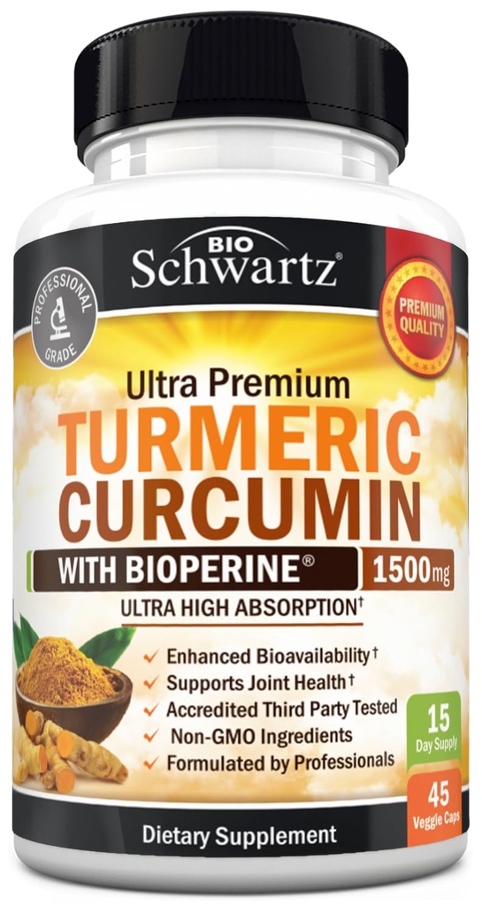 Kurkuma Curcumin mit schwarzem Pfeffer Extrakt 1500mg - Hohe Absorption Ultra Potent Kurkuma Ergänzung mit 95% Curcuminoide und BioPerine - Non GMO Tumeric Capsules for Joint Support - 45 Kapseln