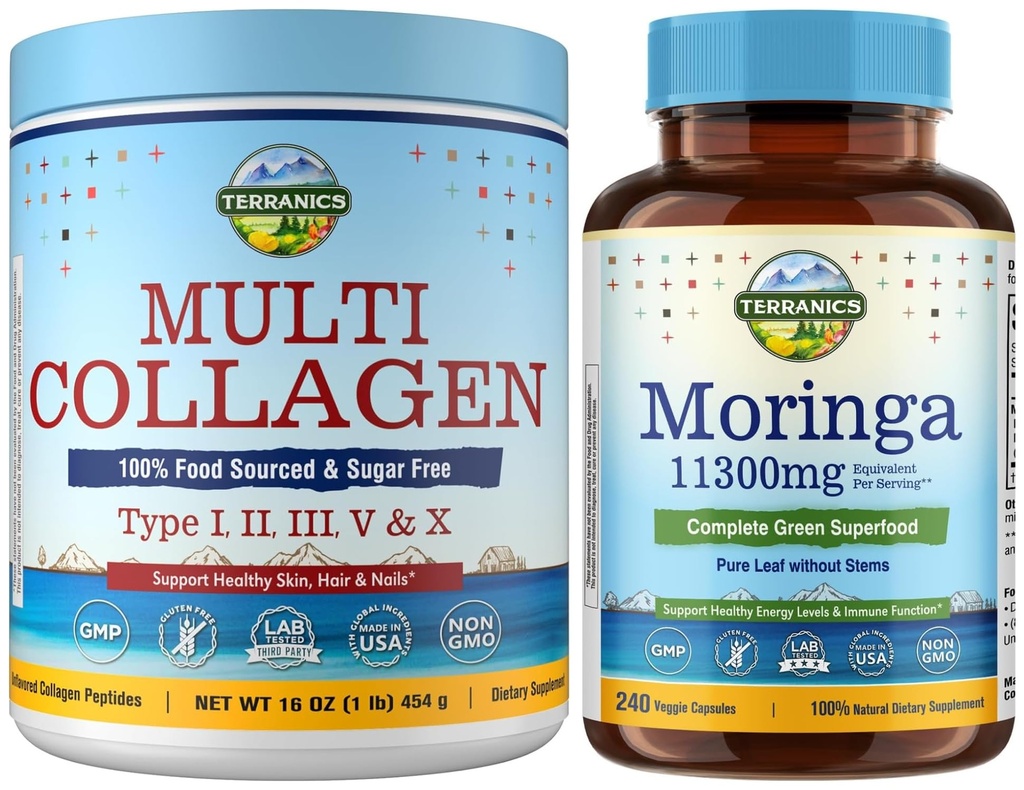 Multi Collagen Peptides Powder & Pure Moringa Capsules Bundle – Type I II III V X Hydrolyzed Collagen Powder + 11300mg Moringa Oleifera Leaf Powder – Unflavored, Fast-Dissolve, No Sugar, Keto, Non-GMO