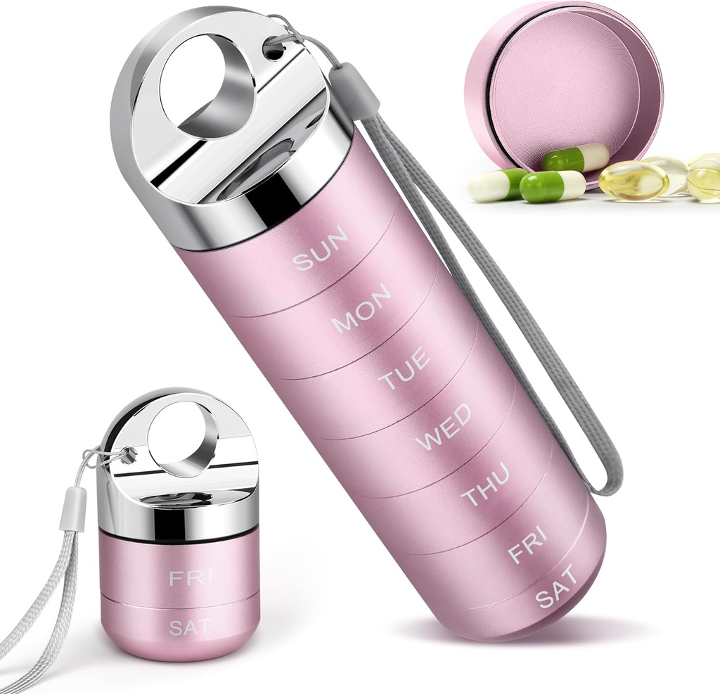Organisateur de pilules de voyage en métal, boîte à pilules hebdomadaire portable, grand alliage d'aluminium imperméable Conteneur de vitamine 7 jours, BPA organisateur quotidien gratuit de médicaments pour la vitamine, supplément, huile de poisson (rose mignonne)