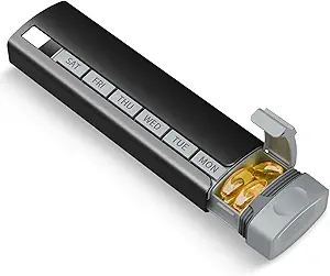 Organizzatore di pillole di viaggio settimanale, 1 volta al giorno , lega di alluminio Premium di alta qualità Scatola di pillola quotidiana 7 giorni, custodia di metallo portatile, supporto di pillole carino per tenere vitamine, medicine, pillole, integratori (nero)