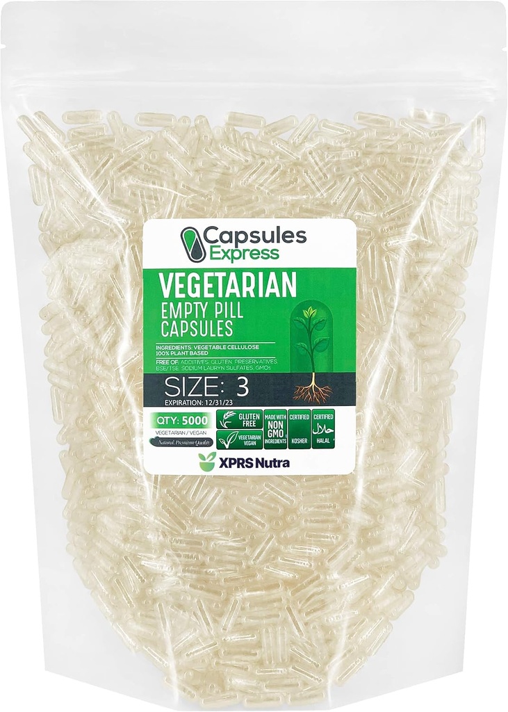 XPRS Nutra Größe 3 Leere Kapseln - 5000 Graf Klare leere vegane Kapseln - Vegetarische leere Pillen - DIY Gemüse Kapsel Füllung - Veggie Pillen Caps
