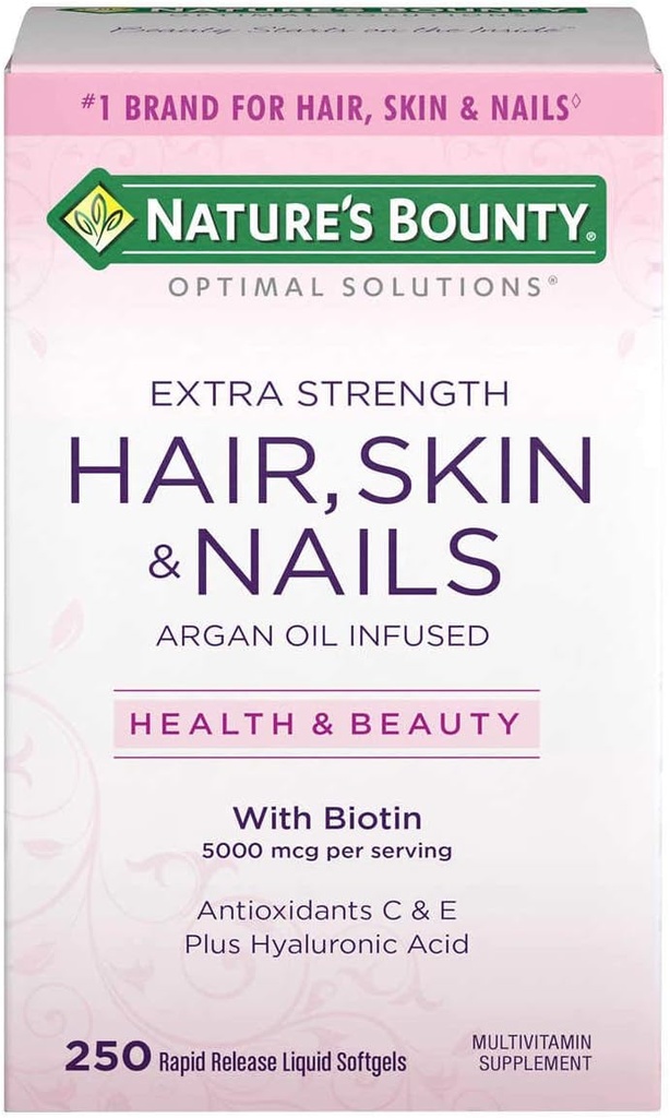 Nature's Bounty Hair Skin and Nails 5000 mcg Biotin - 250 Beschichtete Tabletten Regular & Extra Strength (Extra Strength, Zwei Flaschen je 250 Softgels)