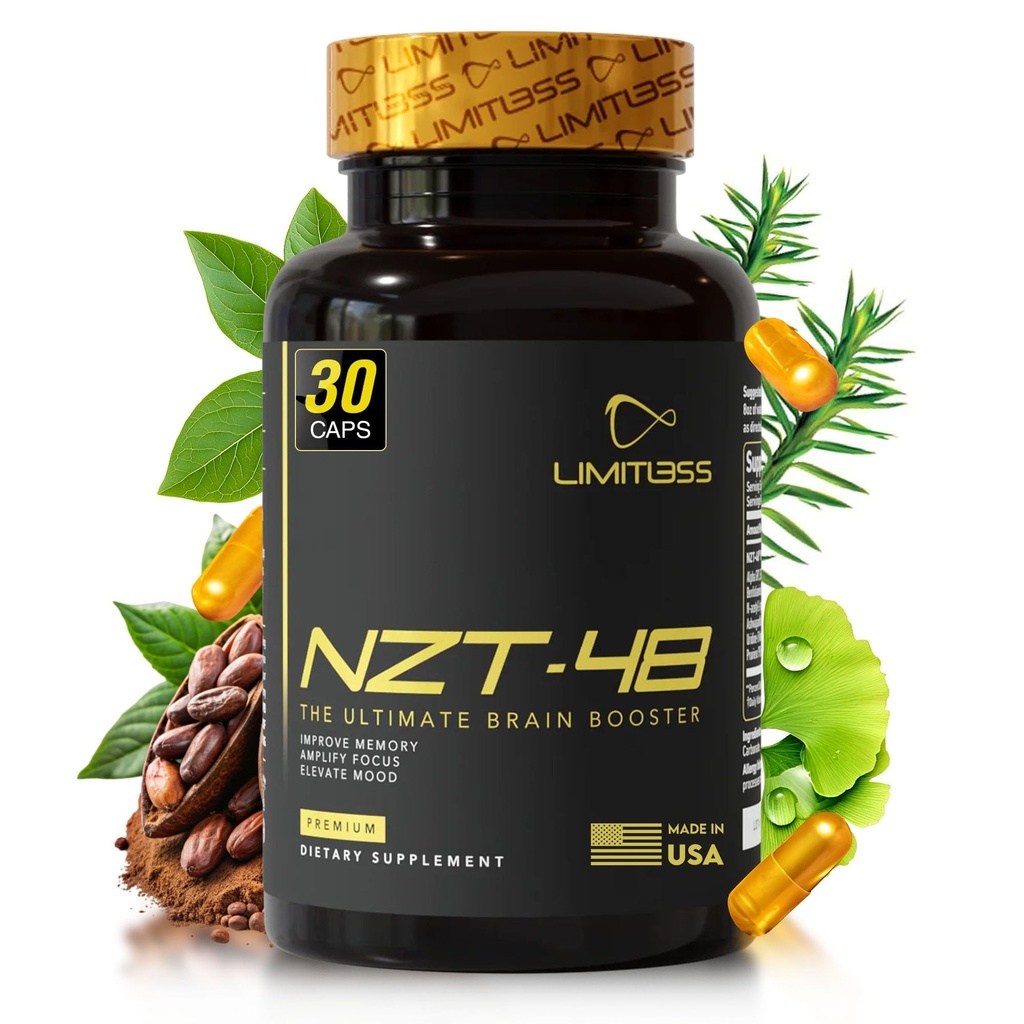NZT-48 Booster del cervello | Integratori del cervello nootropici per la memoria e messa a fuoco | Supplemento di energia naturale Premium con caffeina, fosfatidilserina, vitamine B6 & B12, Ashwagandha | 30 Serve