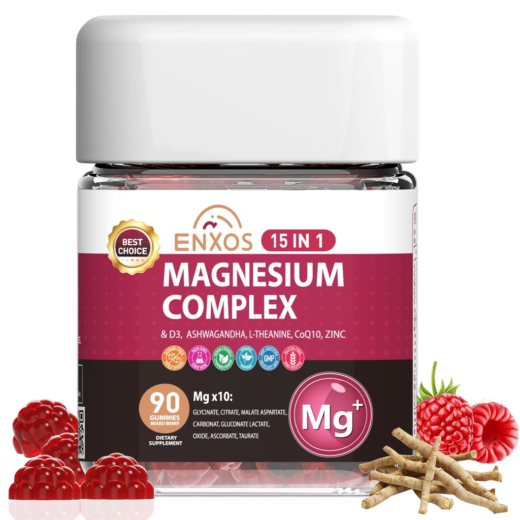 15-in-1 Magnesium Complex Gummies 350 mg/Serv with Ashwagandha Root,Vitamin D3,L-Theanine,Zinc Gluconate,CoQ10, Stress Relief Glycinate Gummy, Sugar Free Chews Supplement for Adults Sleep (Raspberry)