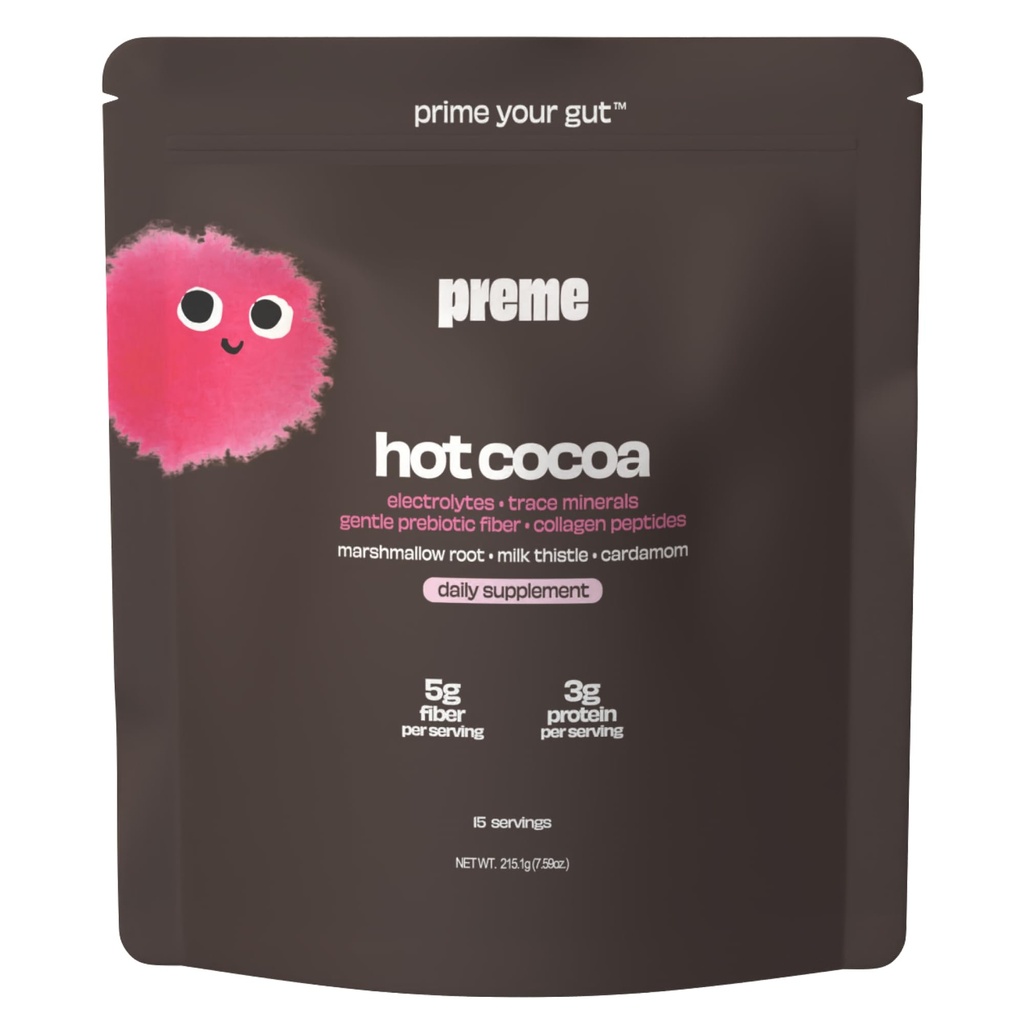Preme Balance Hot Cocoa – Prebiotic Fiber, Minerals, Collagen Peptides, and Liver Herb Support for Digestive Balance and Daily Detox Support, 15 Servings